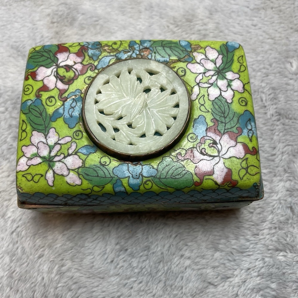 Vintage Chinese Enamel Jewelry Trinket Box Hand Painted Floral Medallion Charm